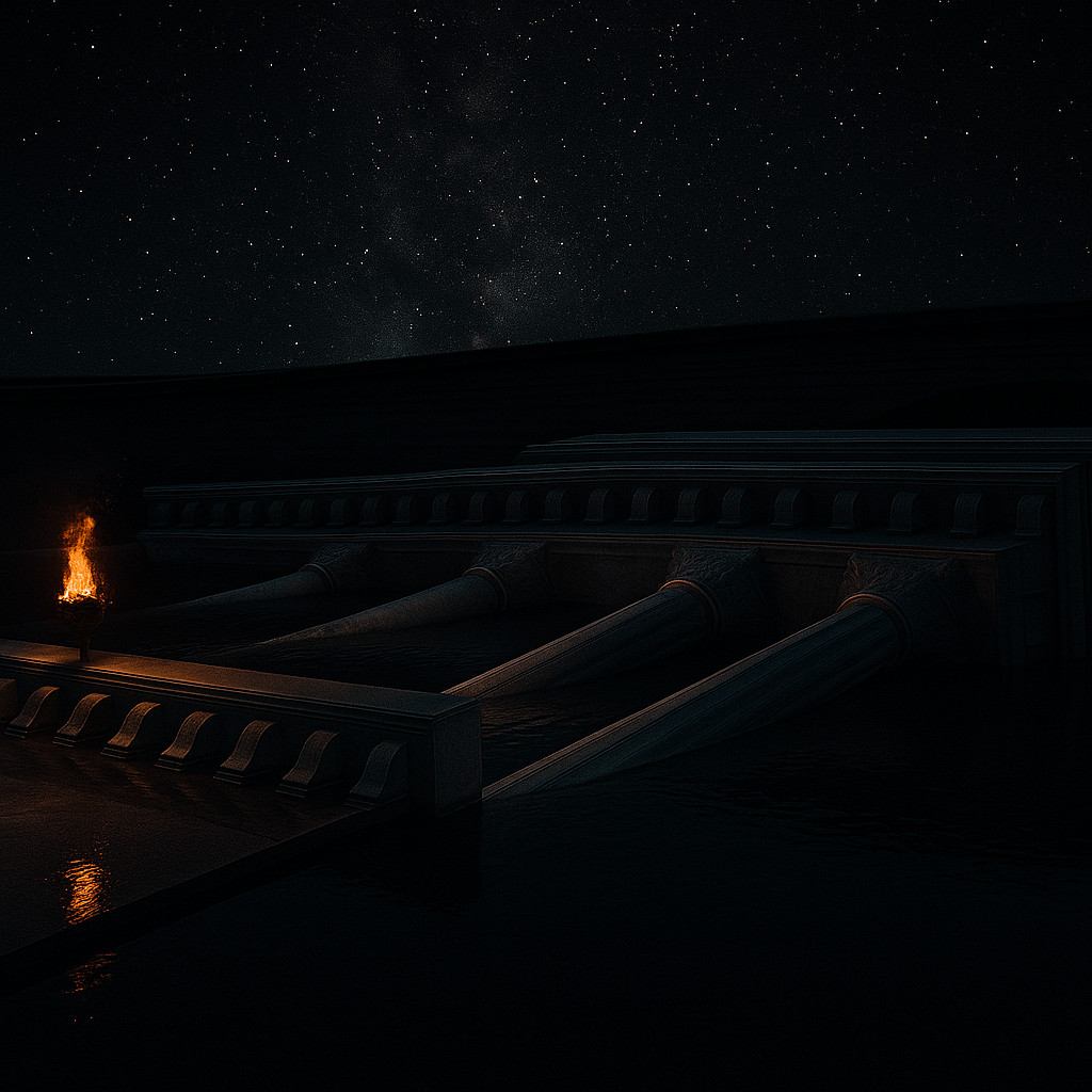 Submerged neoclassical columns at the National Theatre Budapest reflected in dark red water under a starry sky with a glowing torch.