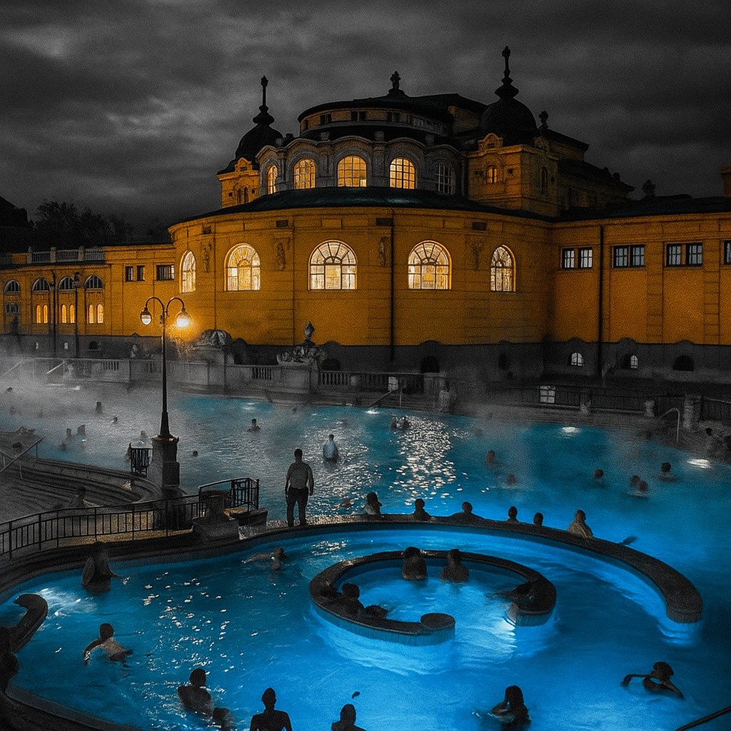 The illuminated Széchenyi Thermal Bath in Budapest at night, with the yellow neo-Baroque façade glowing warmly over the steaming blue thermal pool under a grey sky.
