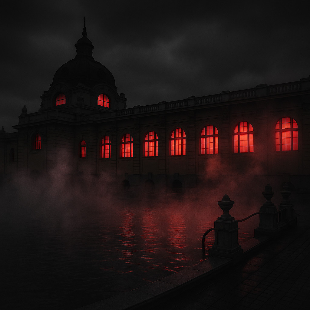 The Széchenyi Thermal Bath in Budapest seen at night, with dense steam rising over the dark water and deep red light glowing through the building’s arched windows.