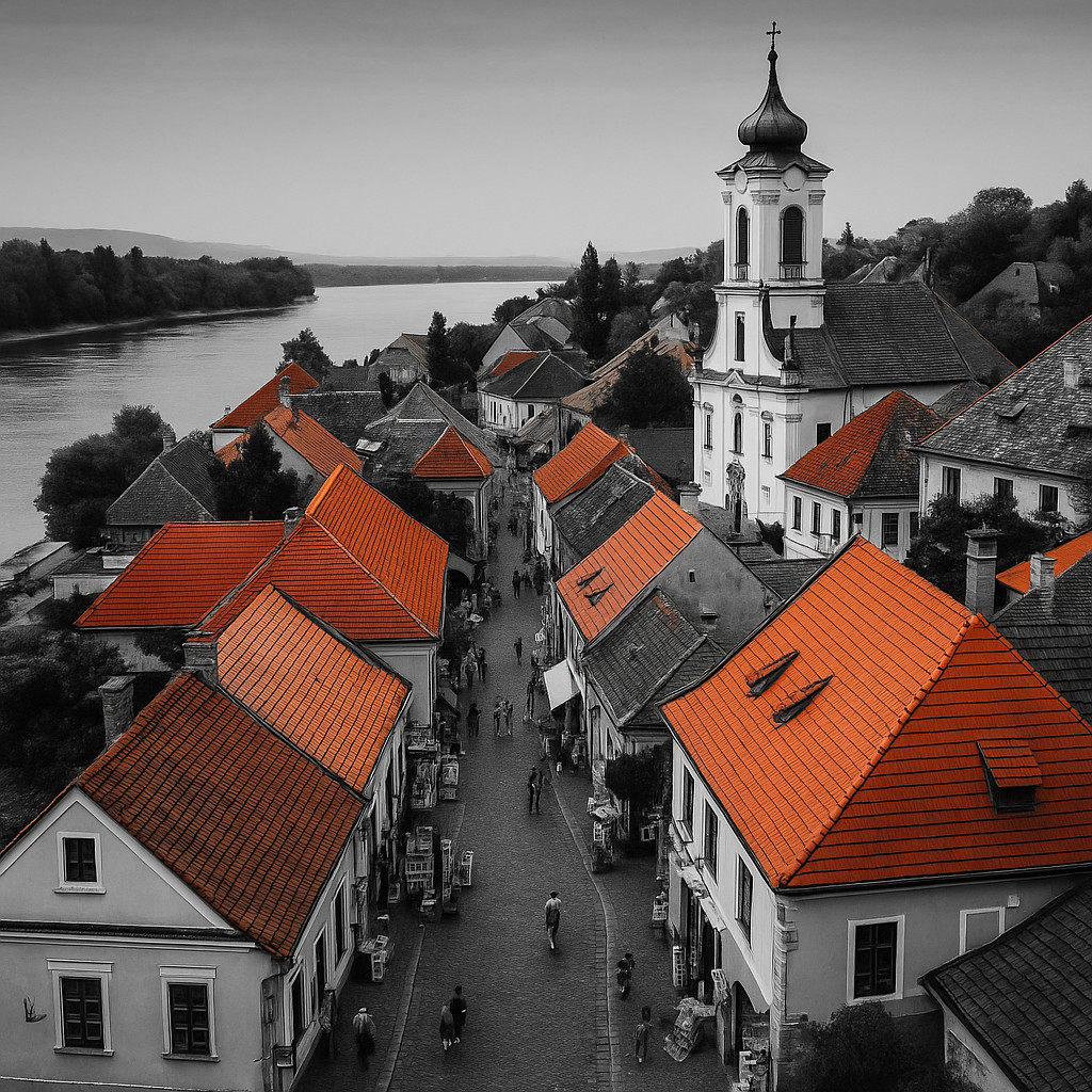 Szentendre Hungary old town in black and white with red and orange rooftops beside the Danube River and cobblestone streets full of art.
