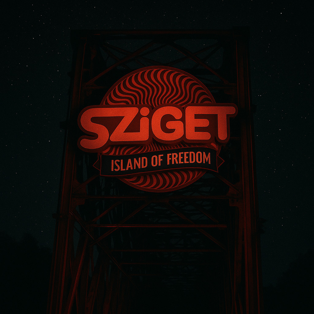 Sziget Festival entrance glowing red under a starry night sky with the Island of Freedom sign illuminated in deep tones.