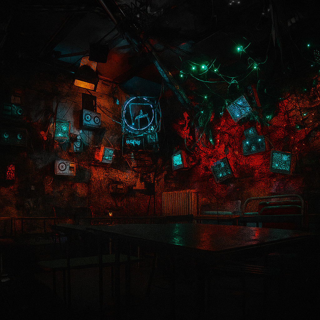 Square night interior of Szimpla Kert Budapest with oversaturated neon lights in red, green, and blue against dark grey walls and recycled furniture.