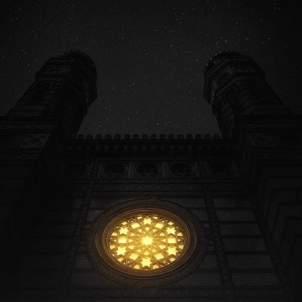 Night view of the Great Synagogue in Budapest with golden light emanating from its window under a starry black sky