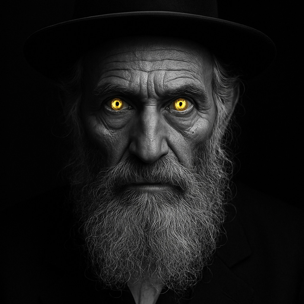 Black and white close-up of a symbolic rabbi figure with a glowing yellow iris in each eye, surrounded by deep shadows on a dark background.