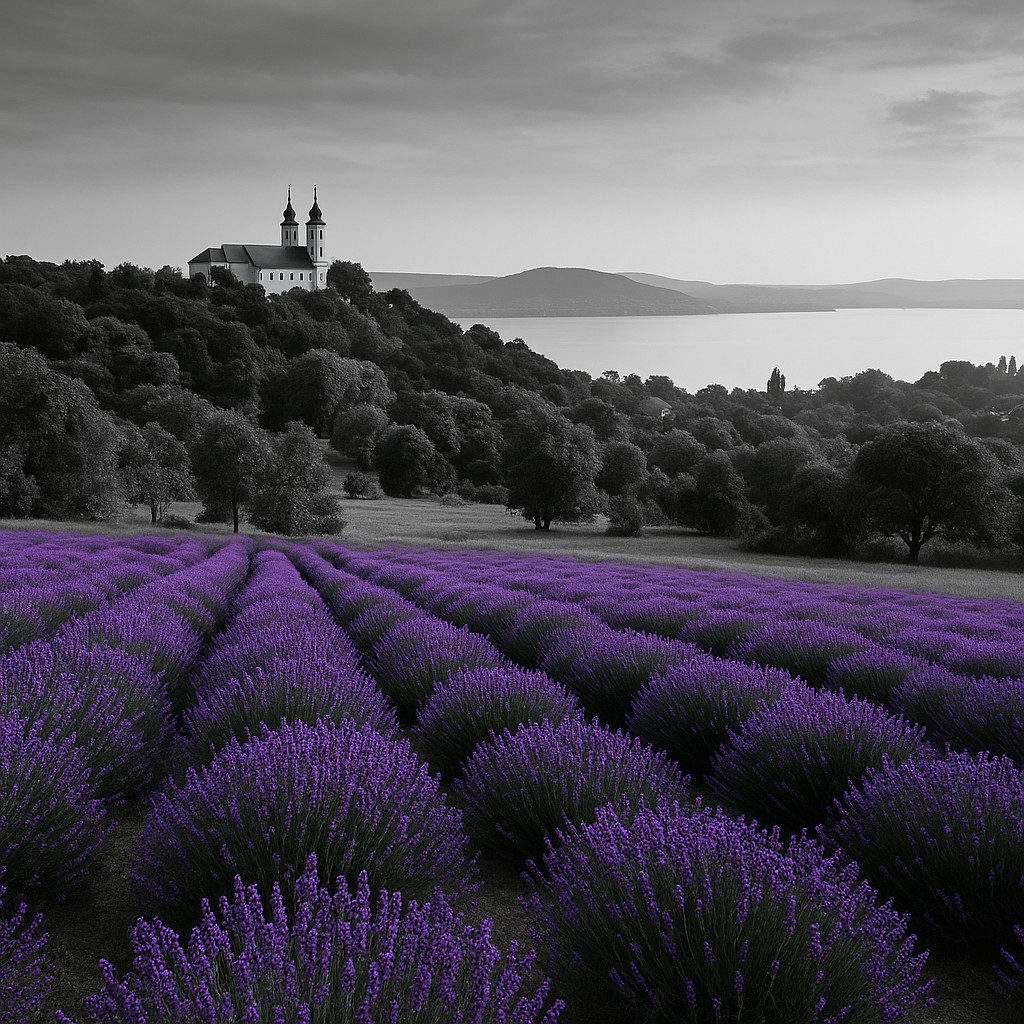 Tihany Hungary lavender fields in black and white with vivid purple tones and Lake Balaton glowing in the distance.
