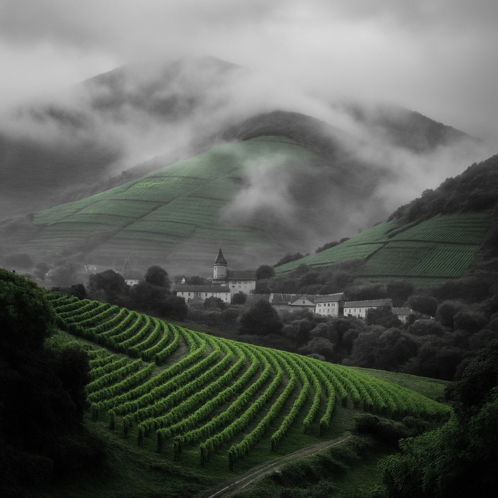 Tokaj Hungary wine region in black and white with green vineyards and mist over the hills.