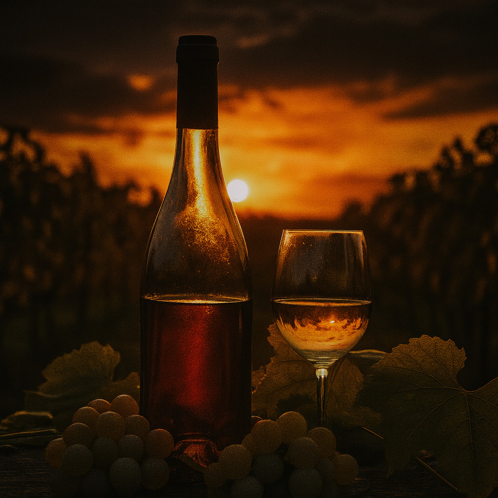 Cinematic square image of a Tokaji wine bottle and glass in a Hungarian vineyard at sunset, surrounded by grapes and warm golden light.