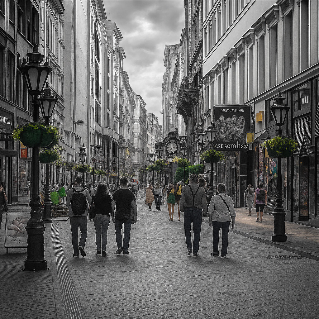 View of Váci Street Budapest with shops, cafés, and pedestrians walking along the historic boulevard in the city center.
