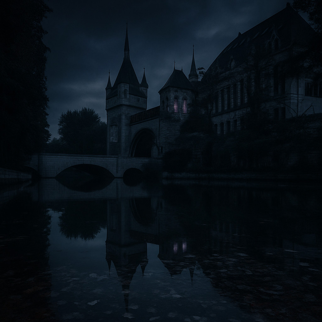 Cinematic night view of Vajdahunyad Castle in City Park Budapest, reflected on the water with soft purple lights glowing through its windows.