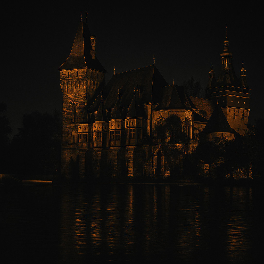Night view of Vajdahunyad Castle in Budapest illuminated with golden lights, reflecting over the calm lake under a dark sky.
