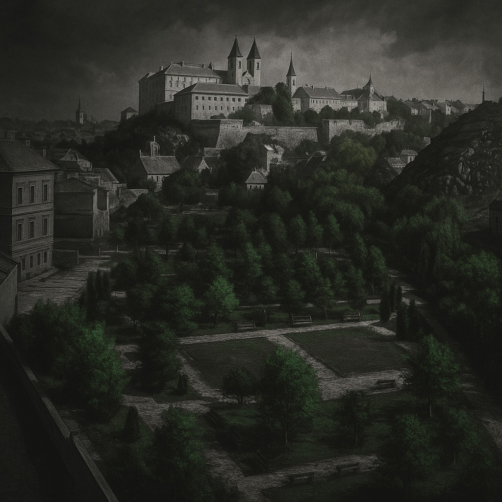 Aerial view of Veszprém Hungary in black and white with green gardens below the hilltop cathedral and fortress.