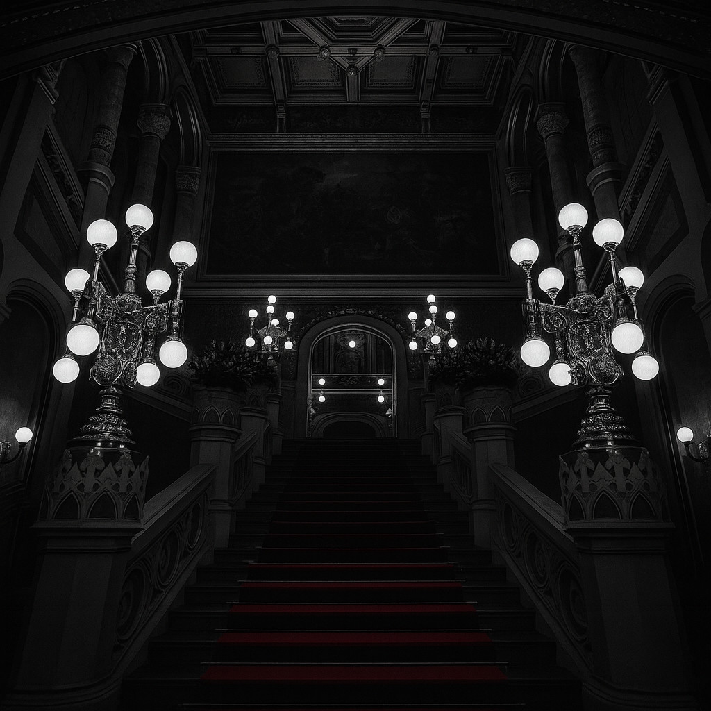 A dark cinematic black-and-white image of the grand staircase inside Vigado Concert Hall in Budapest, illuminated by glowing lamps and a red carpet leading to the upper hall.