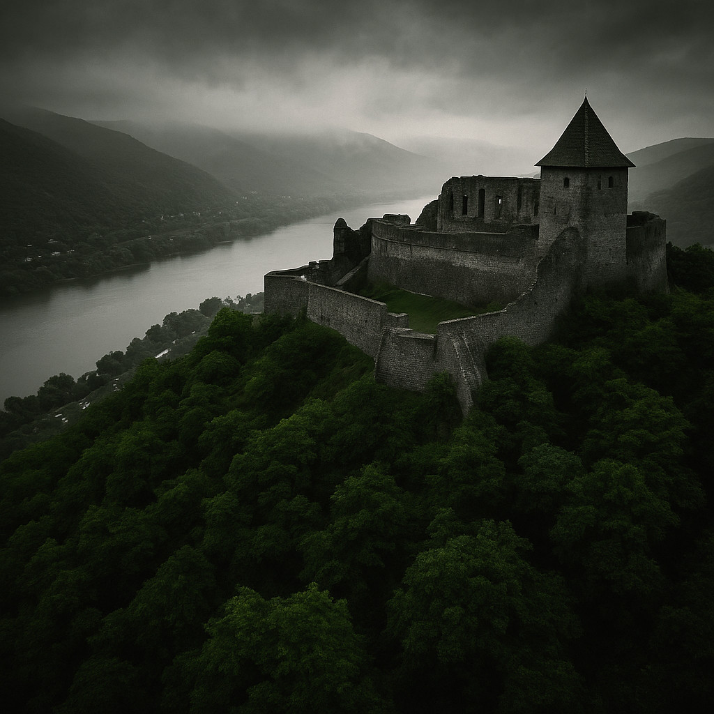 Visegrád Hungary medieval castle in black and white tones with green forests and the Danube River below.