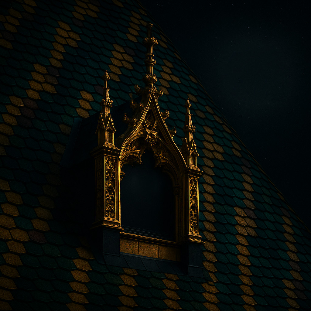 Cinematic night view of Budapest’s Zsolnay-tiled roof with a golden Gothic dormer window softly glowing under a black starry sky.